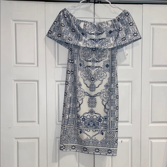 Dresses & Skirts - Blue and White Off-Shoulder Dress- Medium